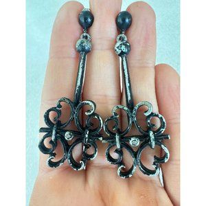 Zentall vintage gunmetal black silver tone antiqued clip on drop earrings